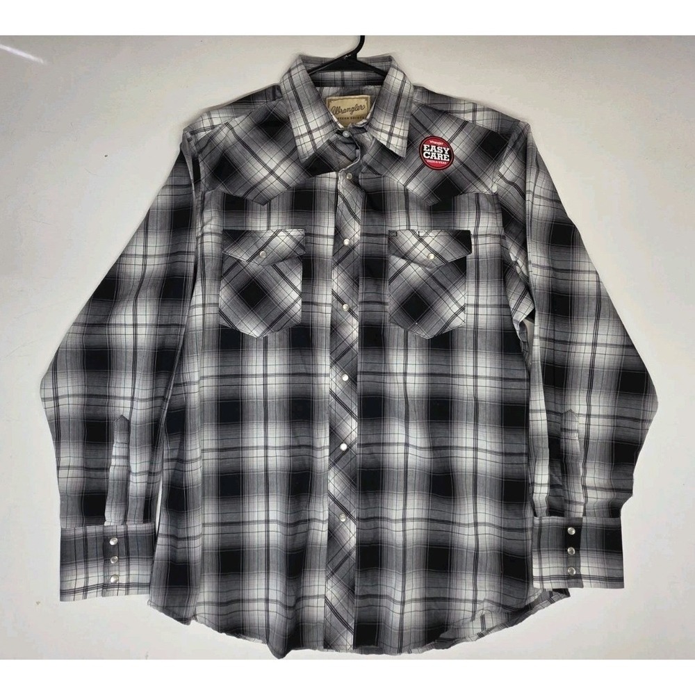 NEW Wrangler Mens L Black Plaid Pearl Snap Western Cowboy Rodeo Long Sleeve